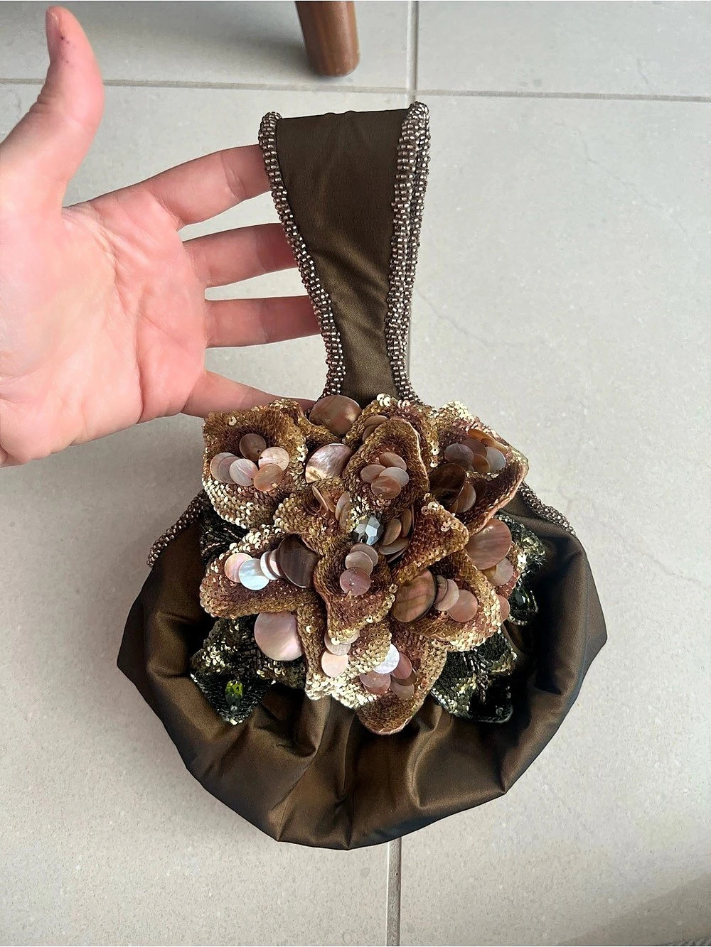 ARANAZ Beaded Floral Clutch in Brown & Gold Like New